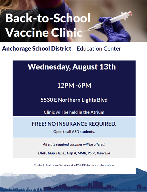 ASD Shot Clinic Flyer on August 13th from 12 pm - 6 pm. Open to all ASD students no insurance required.
